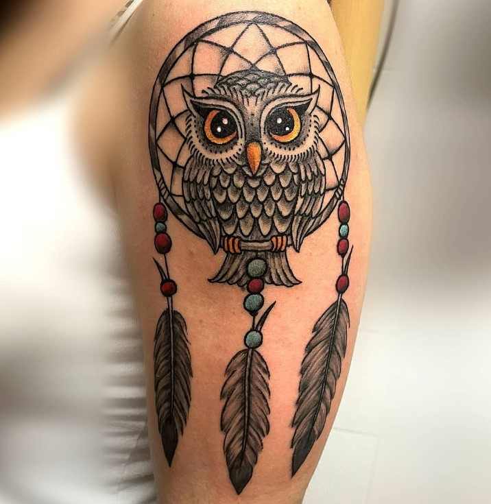 Tri feather Owl Dream Catcher Tattoo