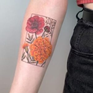 Colorful Marigold & Cosmos Flower Tattoo