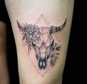 Bull Skull and Flowers by Howard Neal TattooNOW