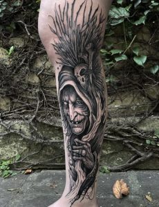 One Eyed Full leg Evil Witch Tattoo