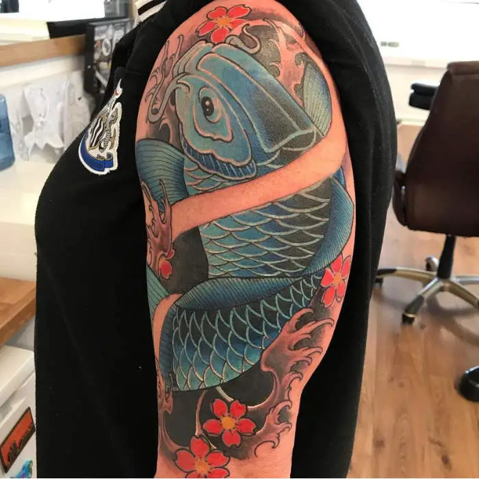 Blue Ink Koi Fish Tattoo