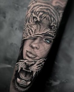Girl And Tiger Face Tattoo