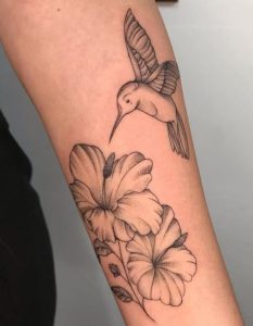 Hummingbird & Hibiscus Hand Tattoo