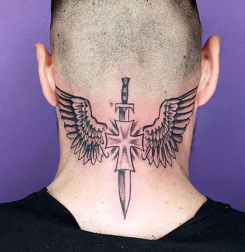 Amazing Small Black Cross Neck Tattoo