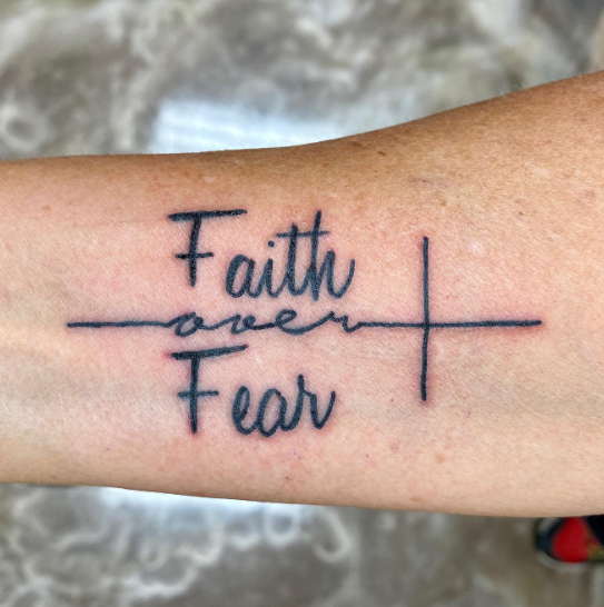 Rosary cross With Flying Birds Faith Tattoo On Leg