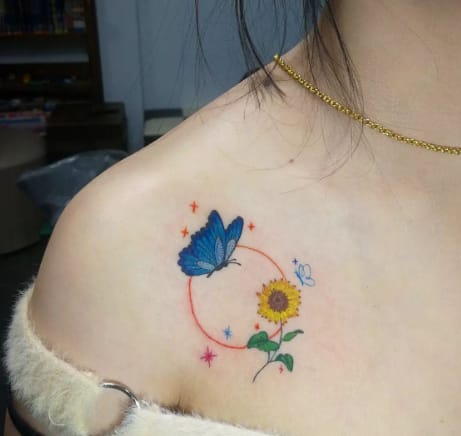 Blue Butterfly With Sunflower Tattoo