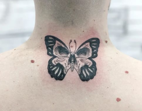Butterfly Skull Throat Tattoo
