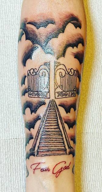 Minimal Stairway to Heaven ‘Fear God’ Forearm Tattoo