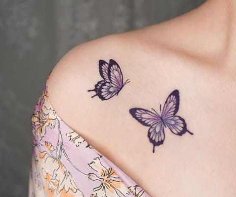 Purple Butterfly Shoulder Tattoo