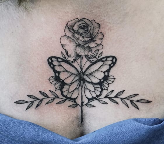 Rose & Butterfly Chest Tattoo