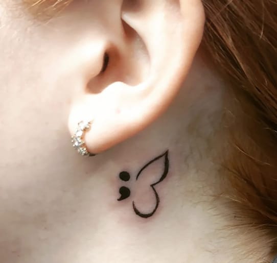 Semicolon Butterfly Behind The Ear Tattoo