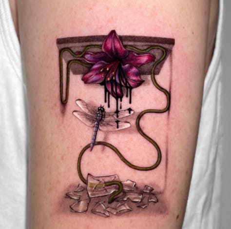 3D Dragonfly Tattoo With Broken Glass