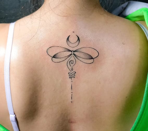 Dragonfly Back Elegant Tattoo With Moon