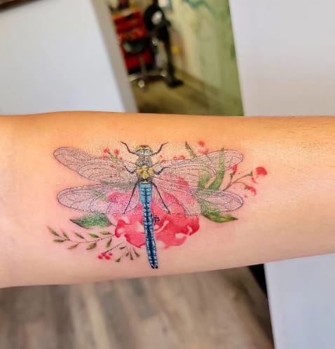 Dragonfly With Colorful Flowers
